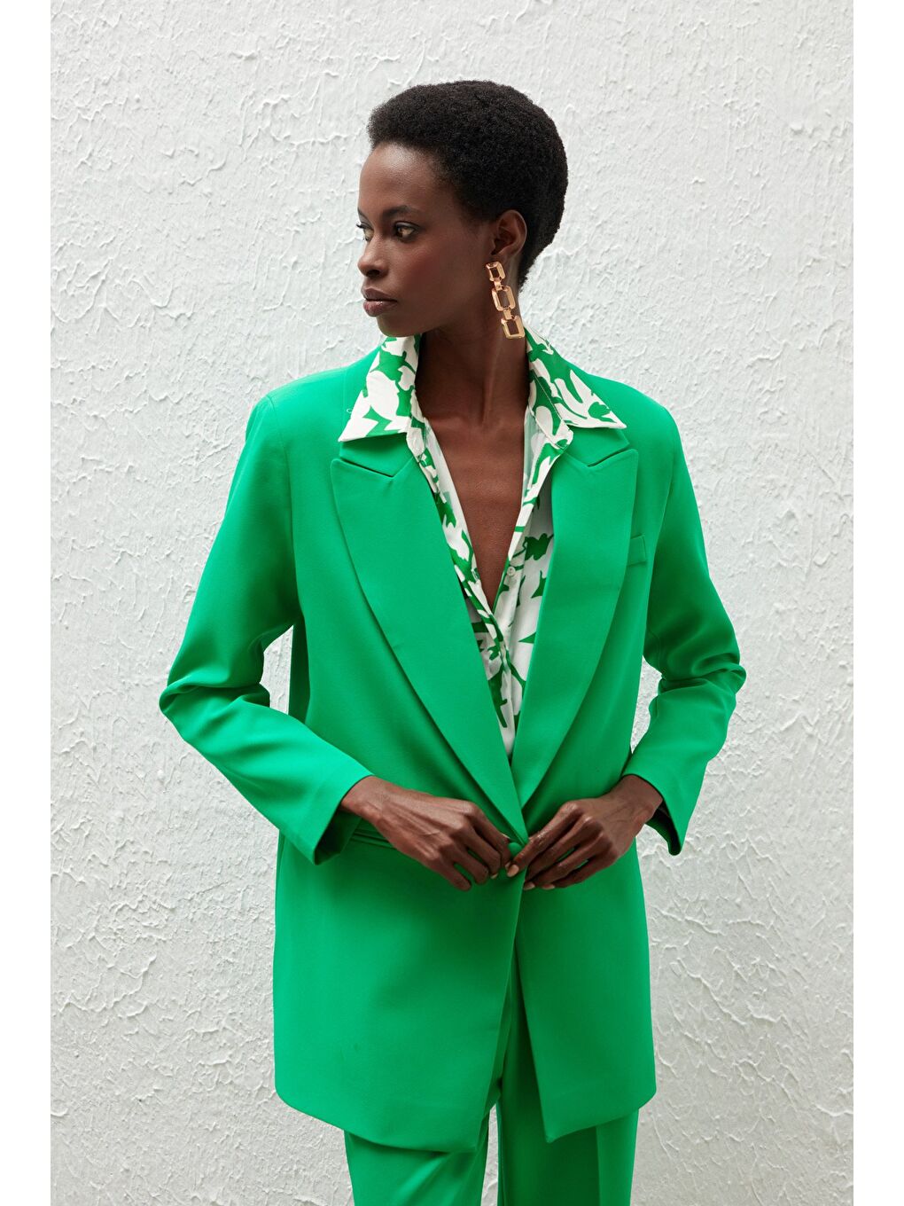 Tek Düğmeli Salaş Ceket - Yeşil-1