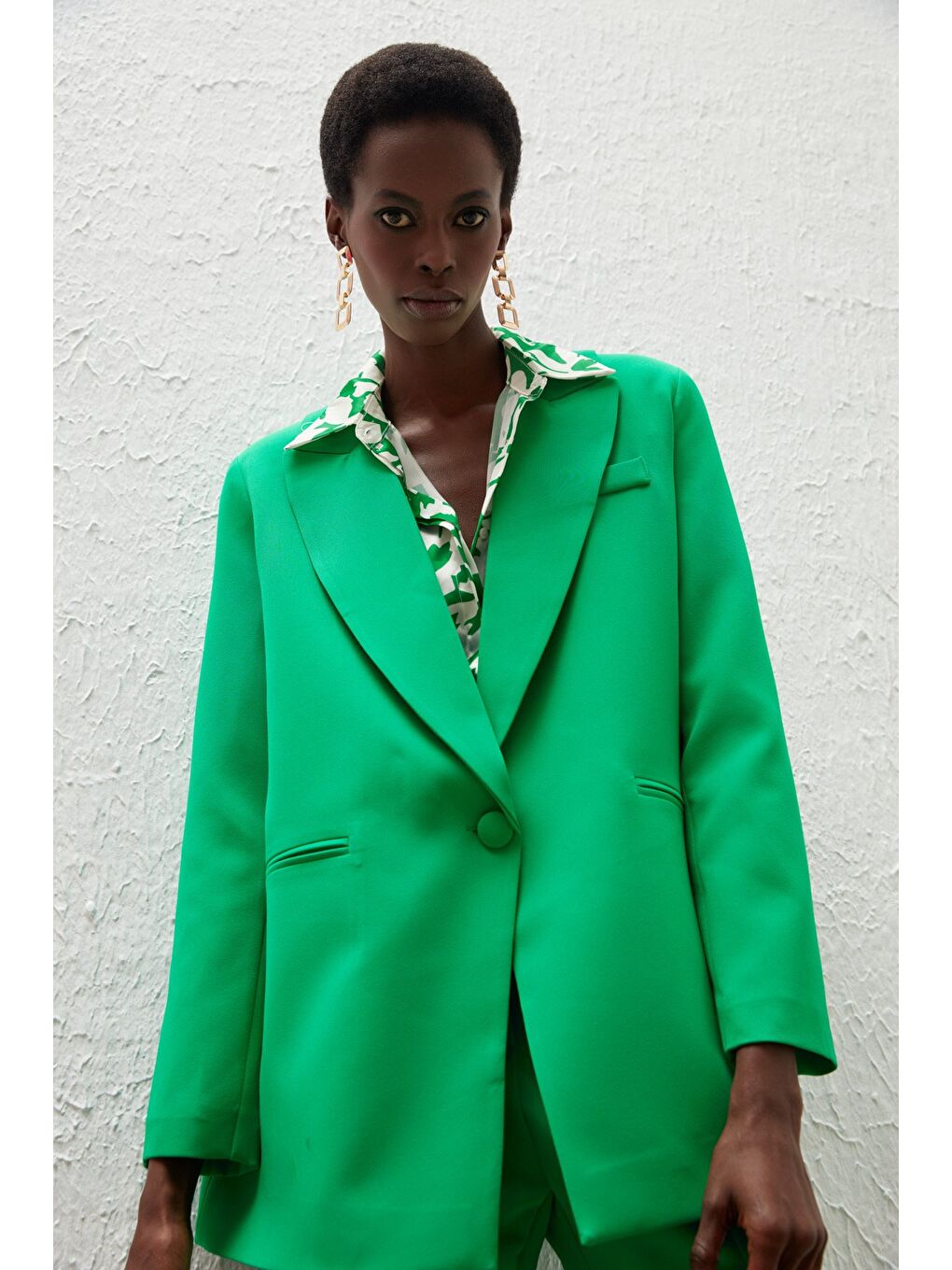 Tek Düğmeli Salaş Ceket - Yeşil-2