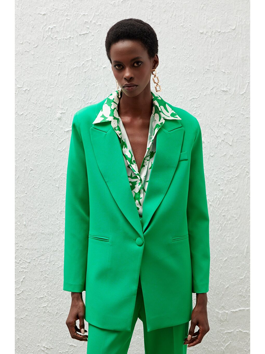 Tek Düğmeli Salaş Ceket - Yeşil-3