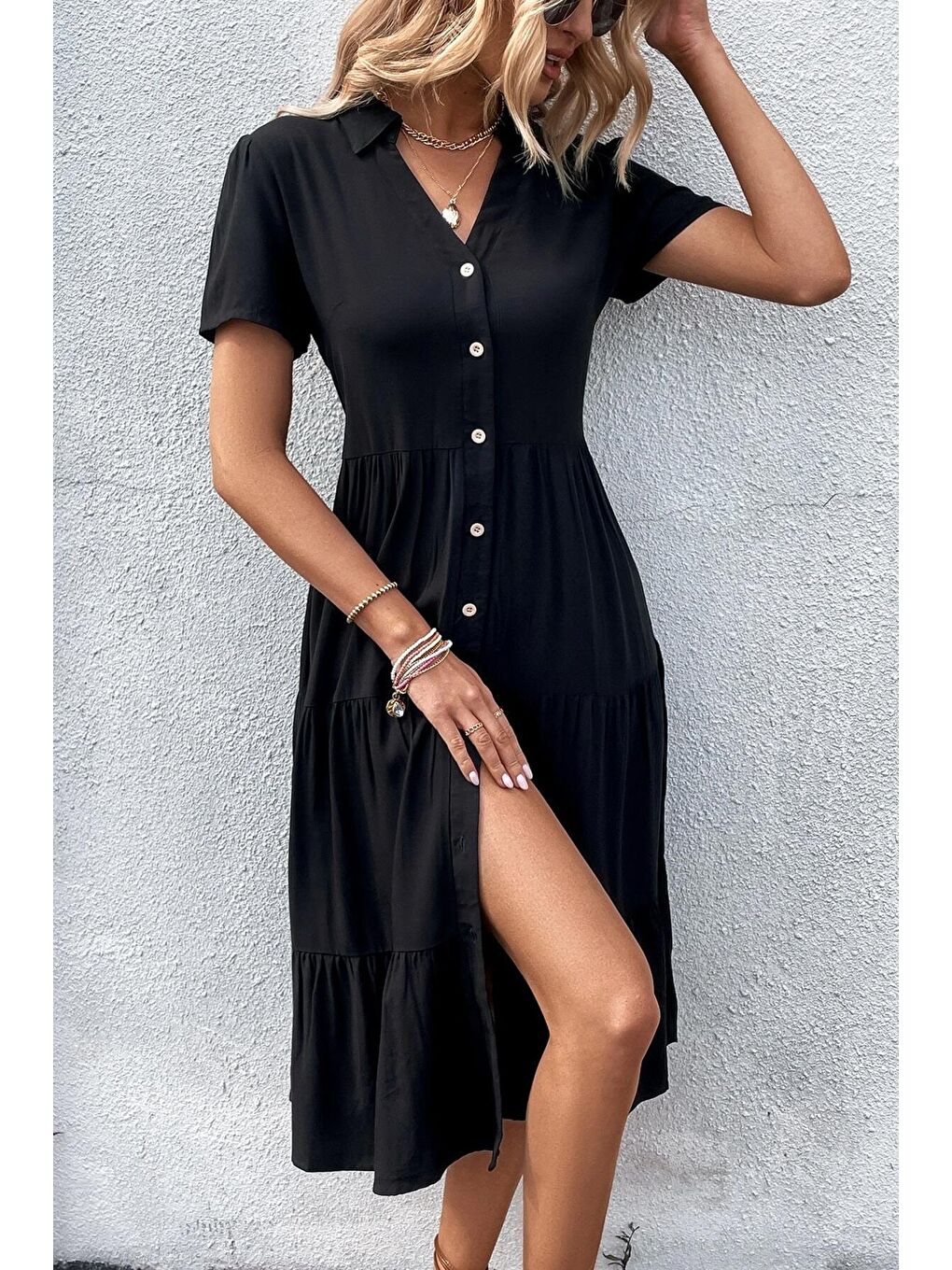 Siyah Gömlek Yaka Uzun Elbise Mg1853-2