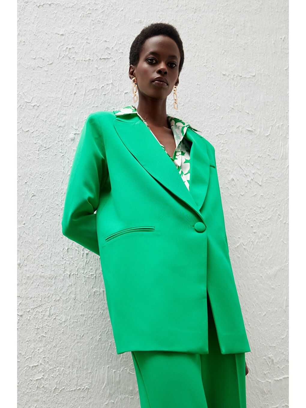 Tek Düğmeli Salaş Ceket - Yeşil-4