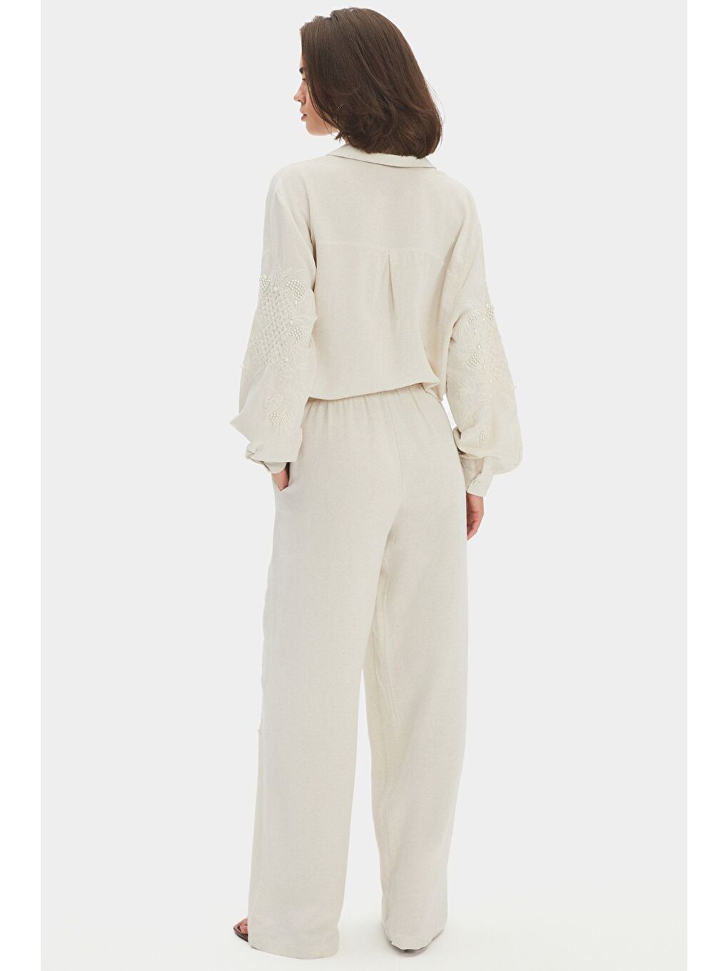 Ekru Kadın Exclusive Keten Karışımlı Wide Leg/Geniş Paça Beli Lastikli Nakış Detaylı Pantolon-4