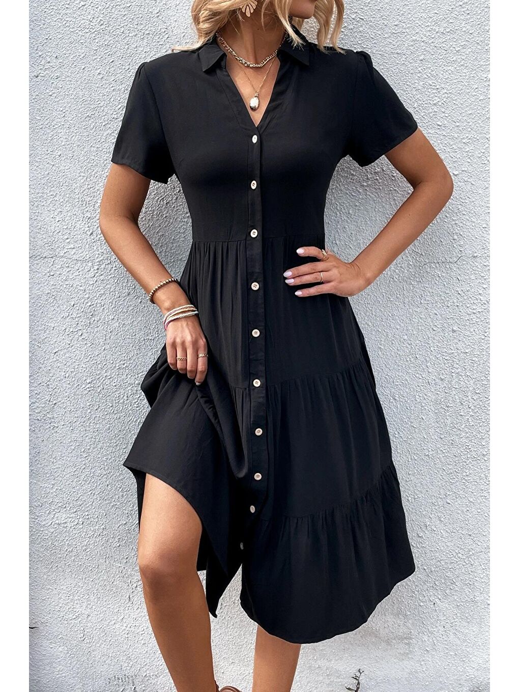 Siyah Gömlek Yaka Uzun Elbise Mg1853-3