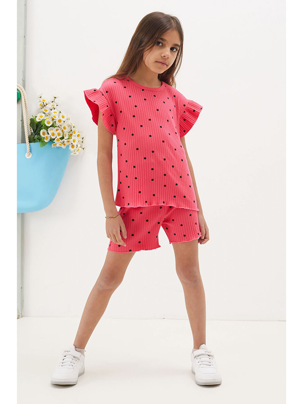 Fuşya Puantiyeli Şortlu Bluzlu Kız Çocuk Takım 18673-1