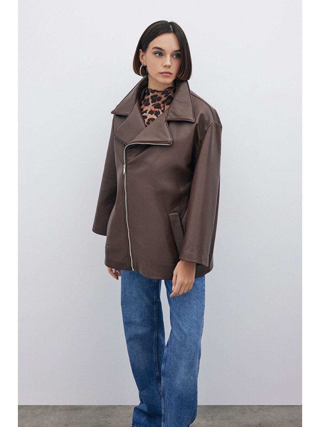 SATEEN Kahverengi Oversize Deri Ceket - Kahve