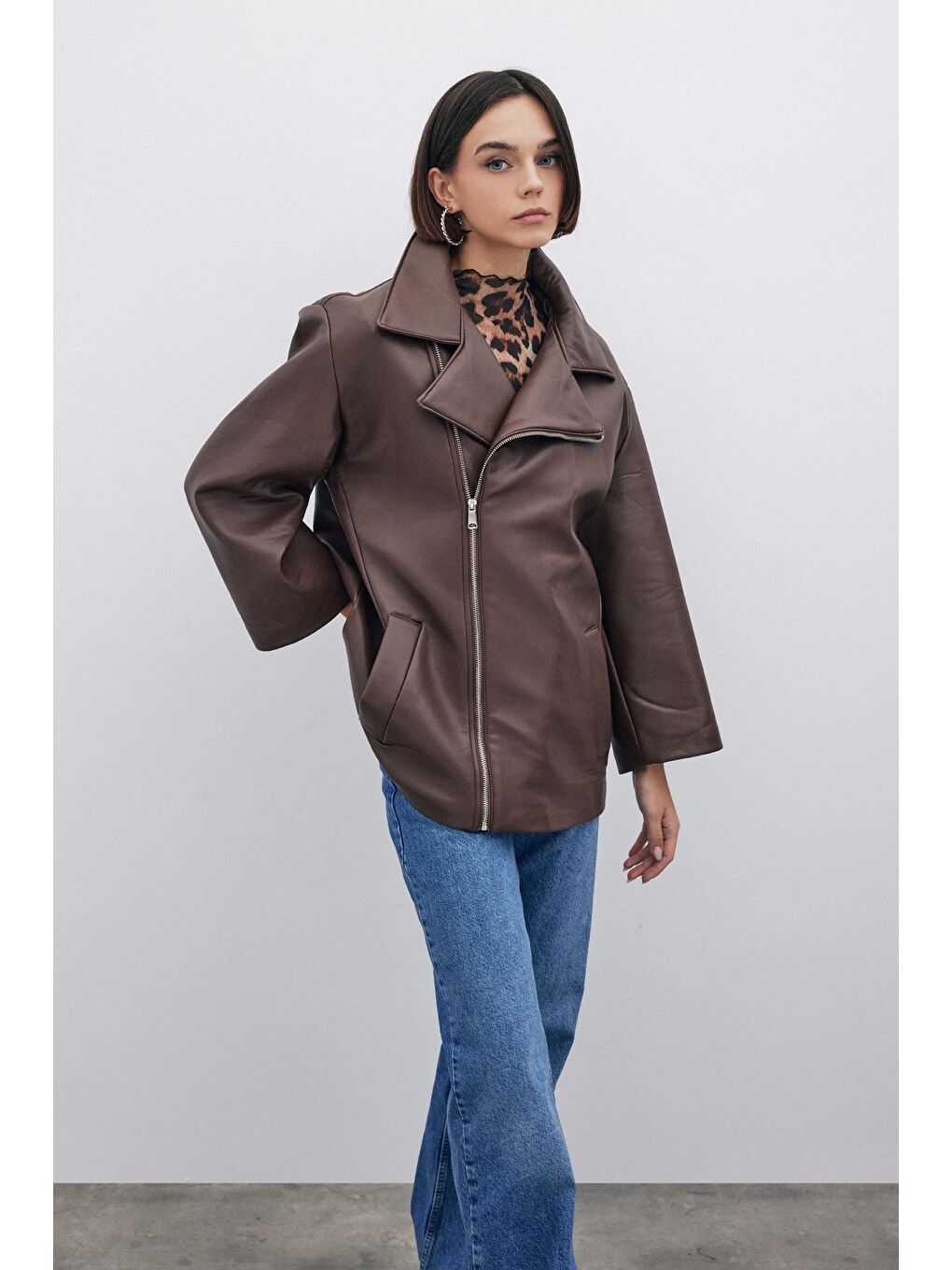 SATEEN Kahverengi Oversize Deri Ceket - Kahve - 1