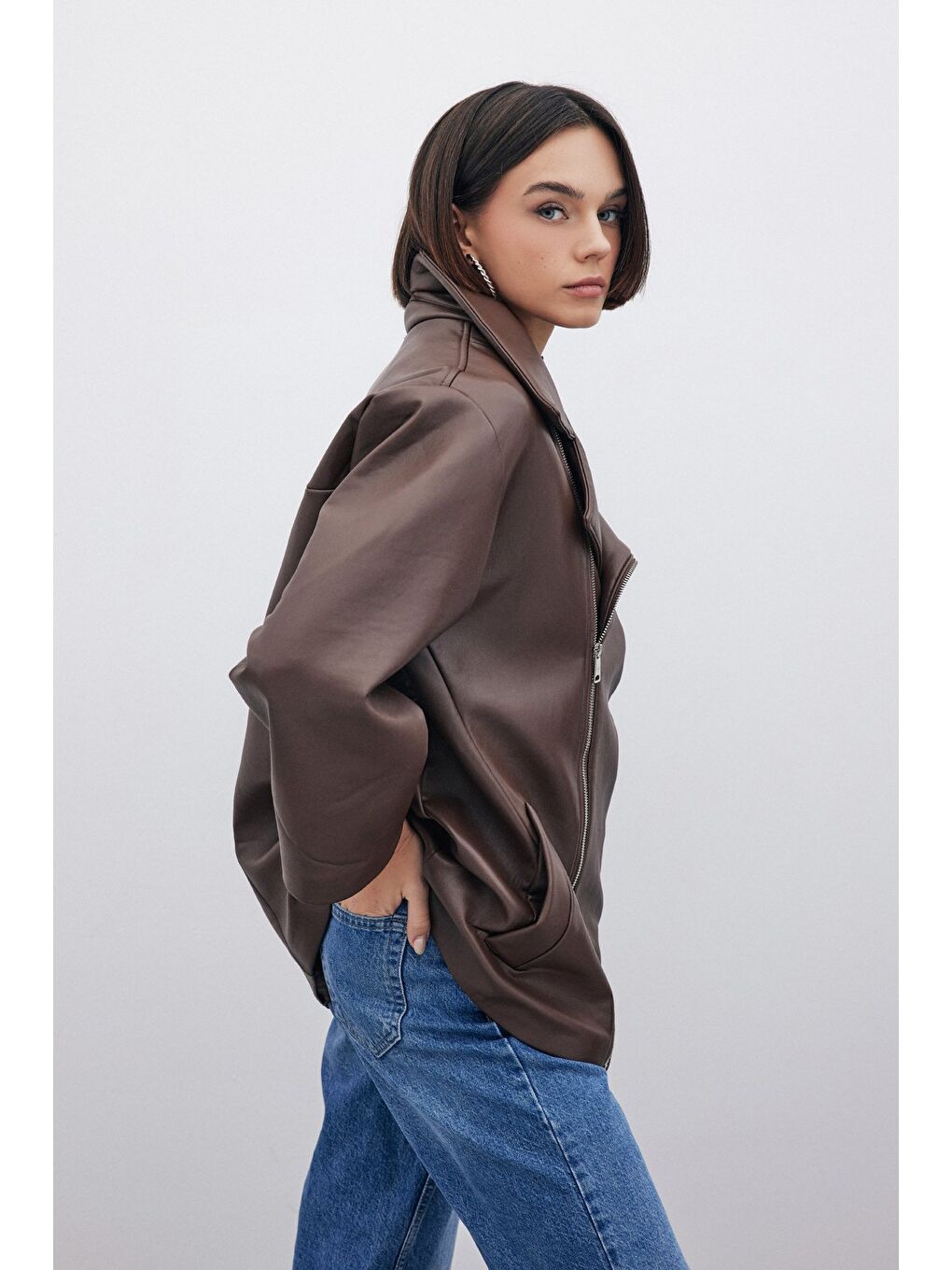 SATEEN Kahverengi Oversize Deri Ceket - Kahve - 2