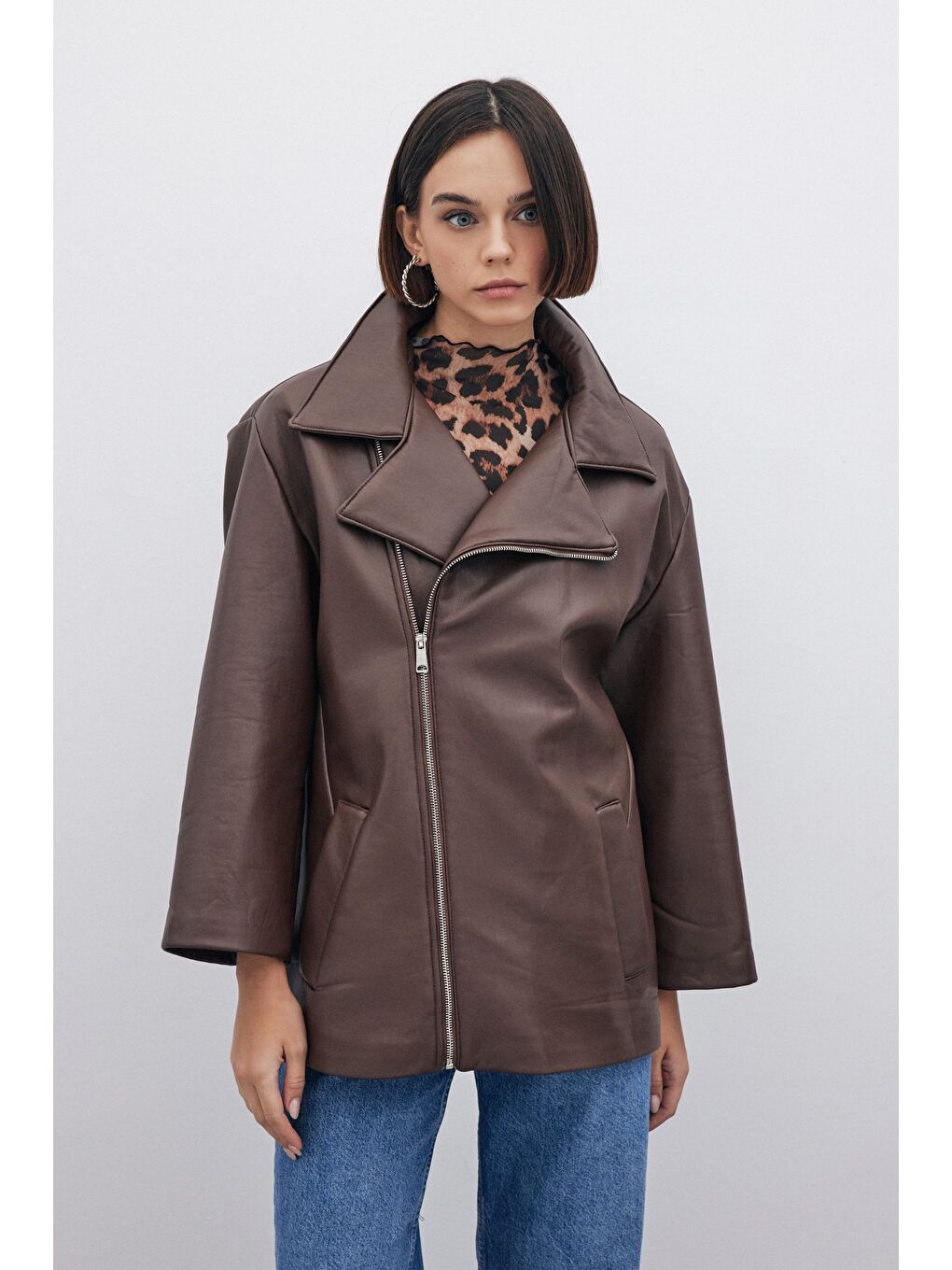 SATEEN Kahverengi Oversize Deri Ceket - Kahve - 3