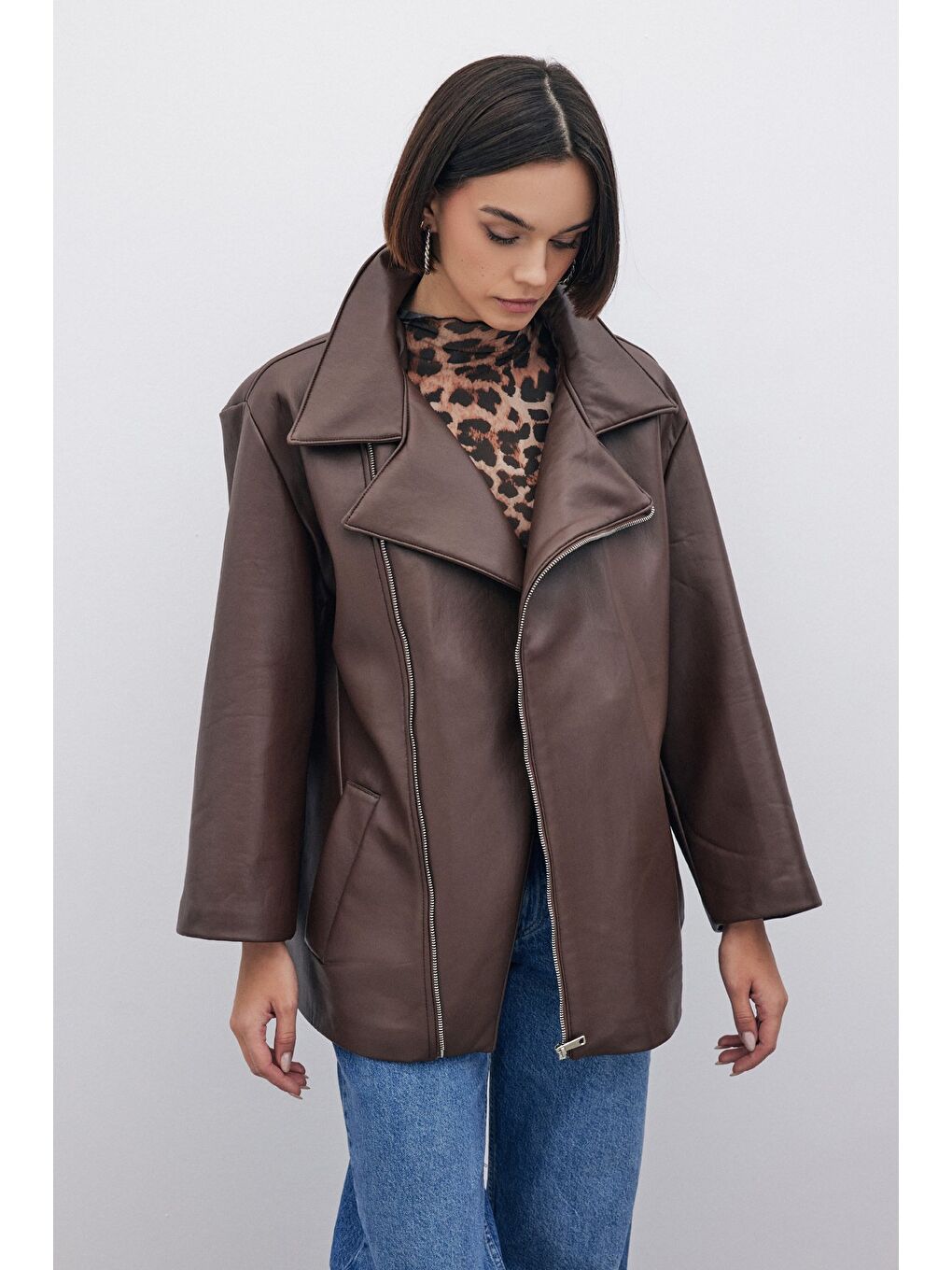 SATEEN Kahverengi Oversize Deri Ceket - Kahve - 5