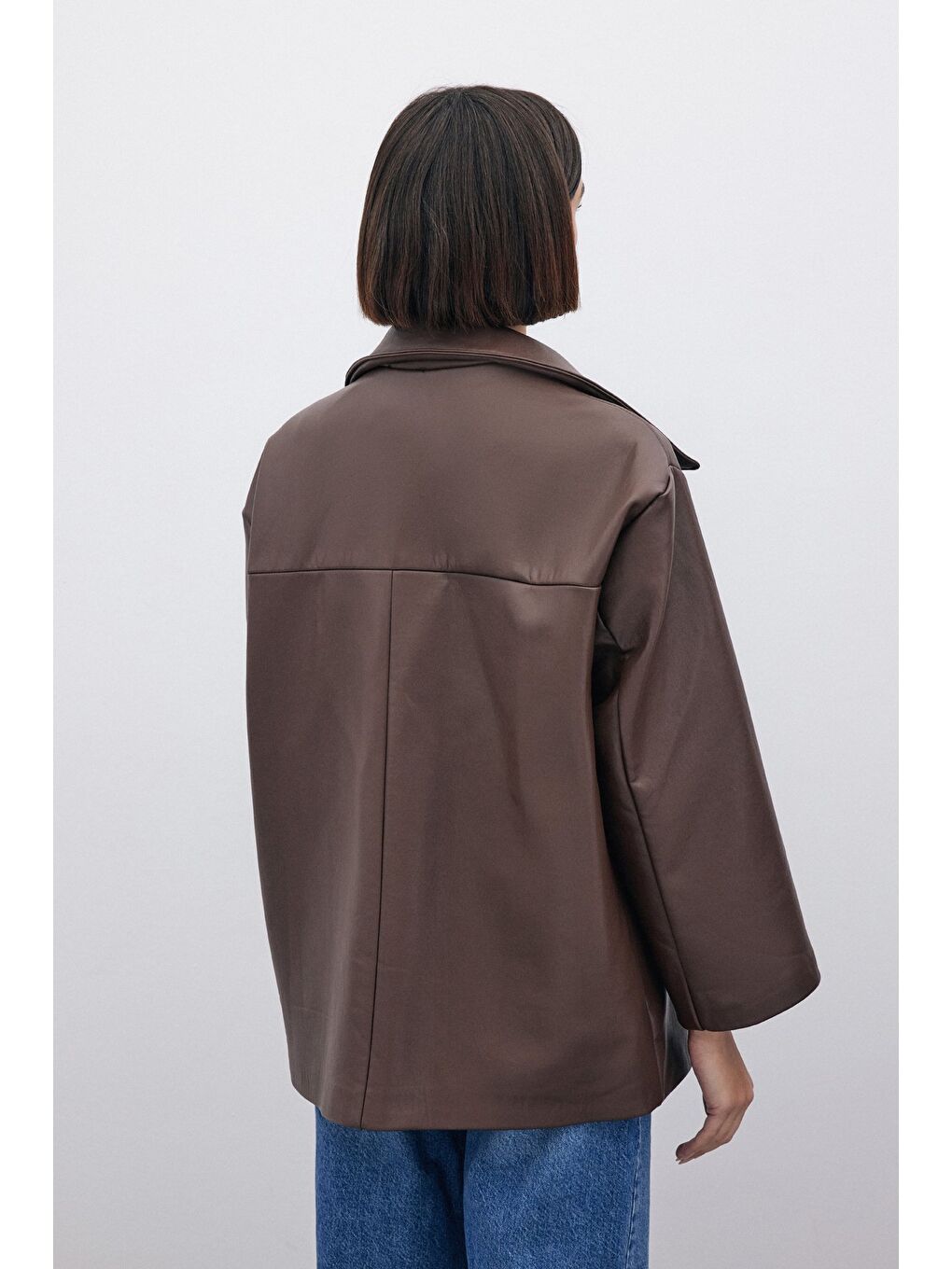 SATEEN Kahverengi Oversize Deri Ceket - Kahve - 6