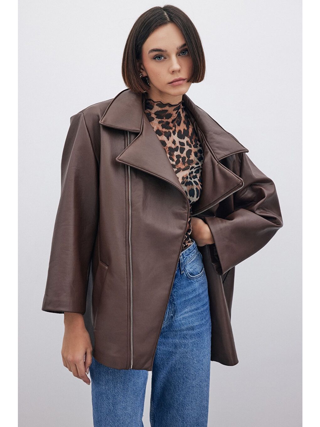 SATEEN Kahverengi Oversize Deri Ceket - Kahve - 7