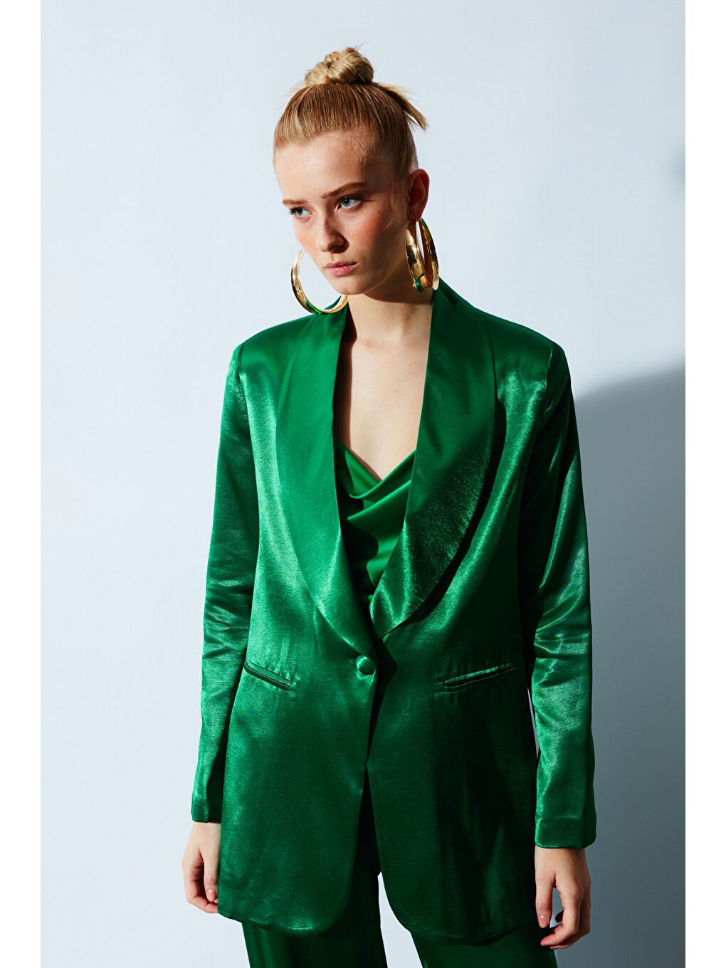 Yeşil Şal Yaka Saten Ceket - Zümrüt