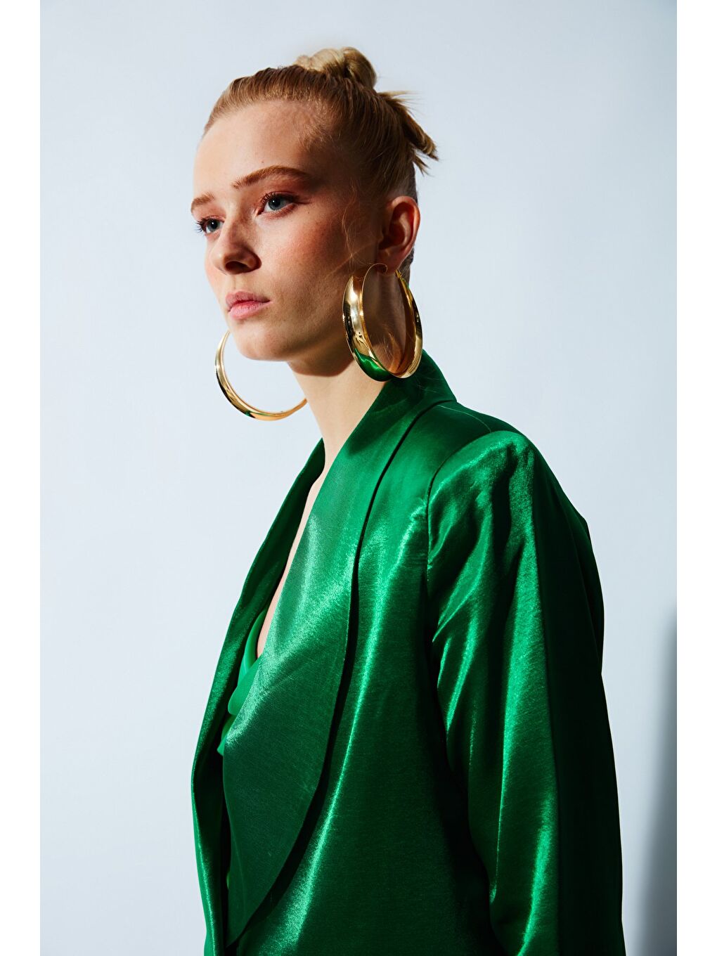 Yeşil Şal Yaka Saten Ceket - Zümrüt-1