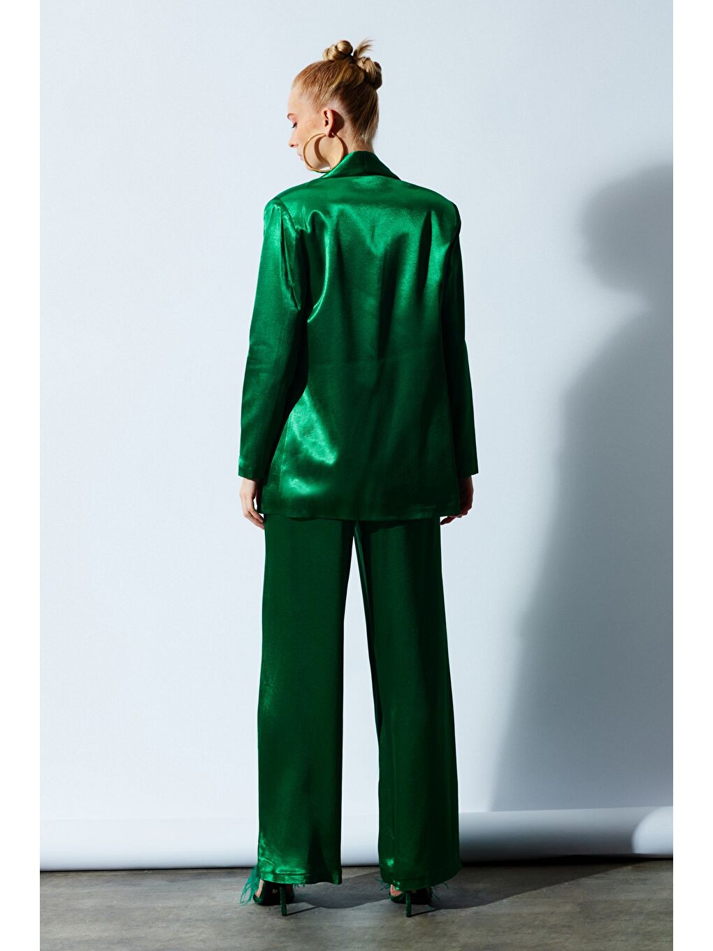 Yeşil Şal Yaka Saten Ceket - Zümrüt-6
