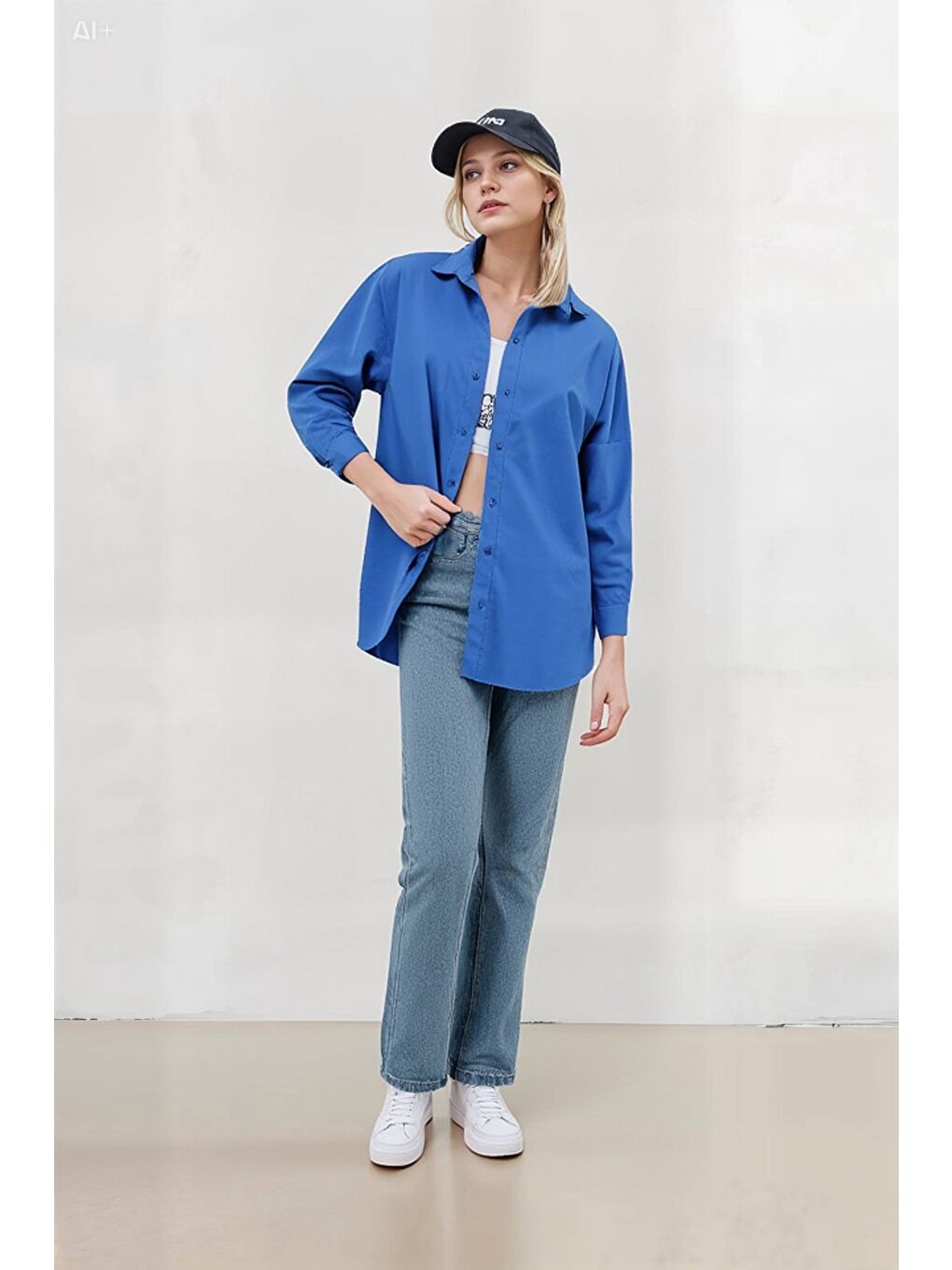 Kadın Mavi Oversize Uzun Basic Gömlek HZL22W-BD139001