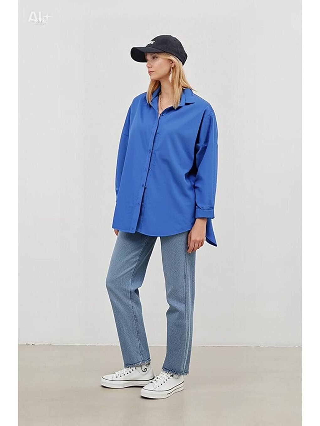 Kadın Mavi Oversize Uzun Basic Gömlek HZL22W-BD139001-1