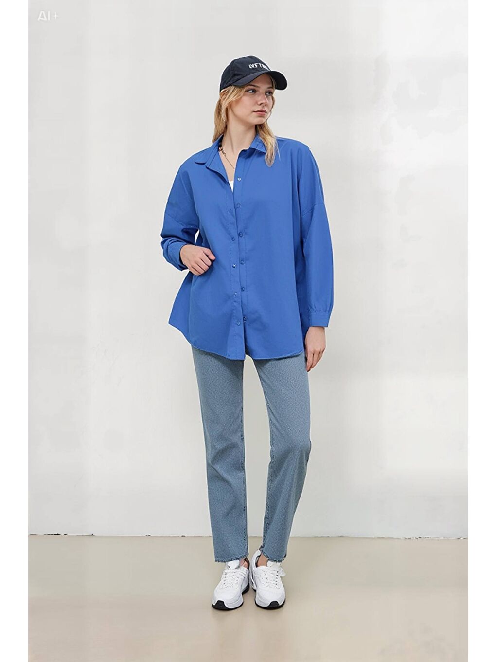 Kadın Mavi Oversize Uzun Basic Gömlek HZL22W-BD139001-2