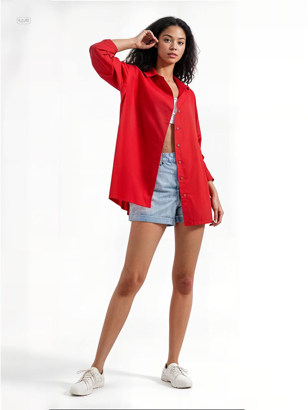 Kadın Kırmızı Oversize Uzun Basic Gömlek HZL22W-BD139001-3