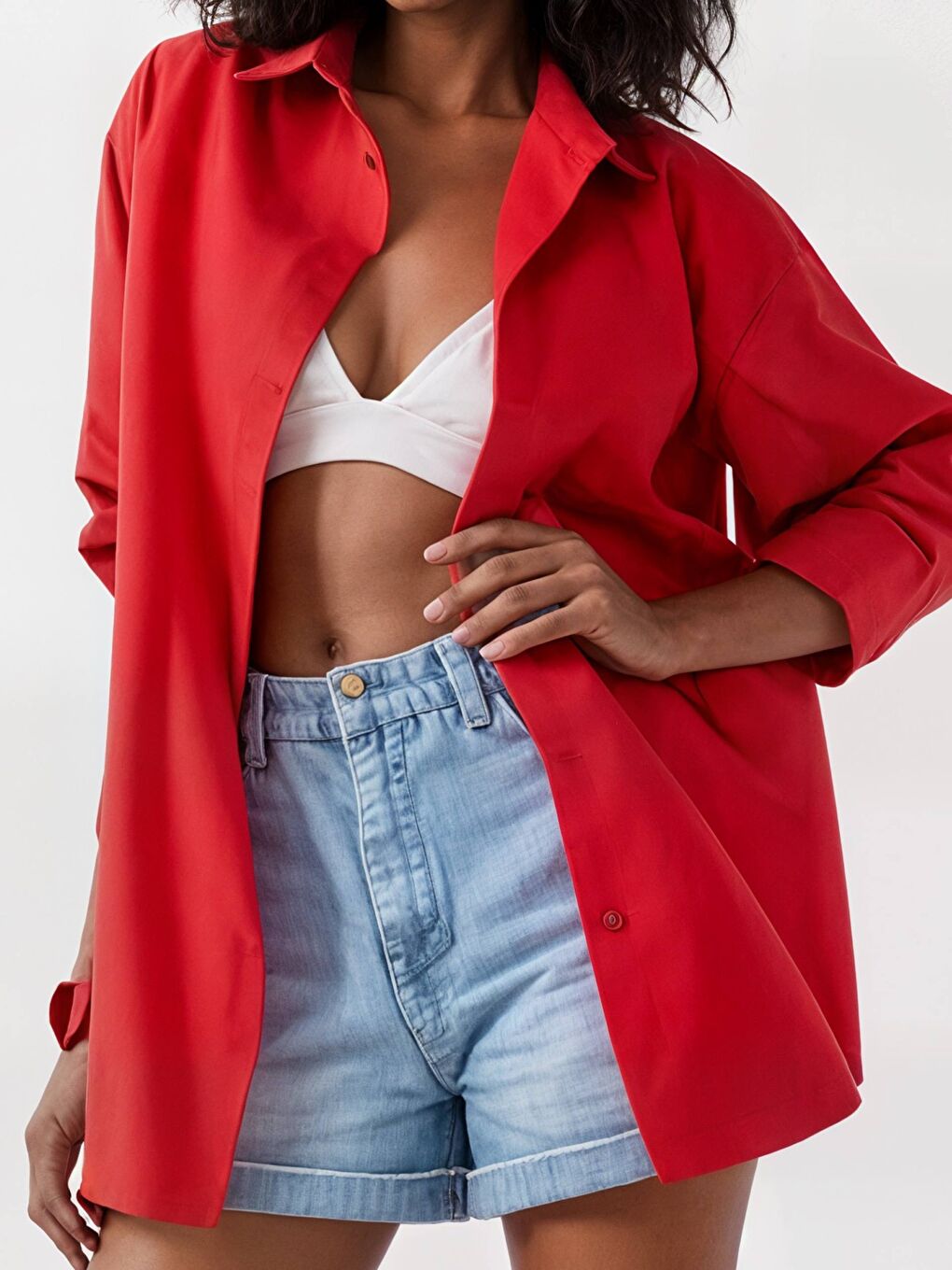 Kadın Kırmızı Oversize Uzun Basic Gömlek HZL22W-BD139001-4
