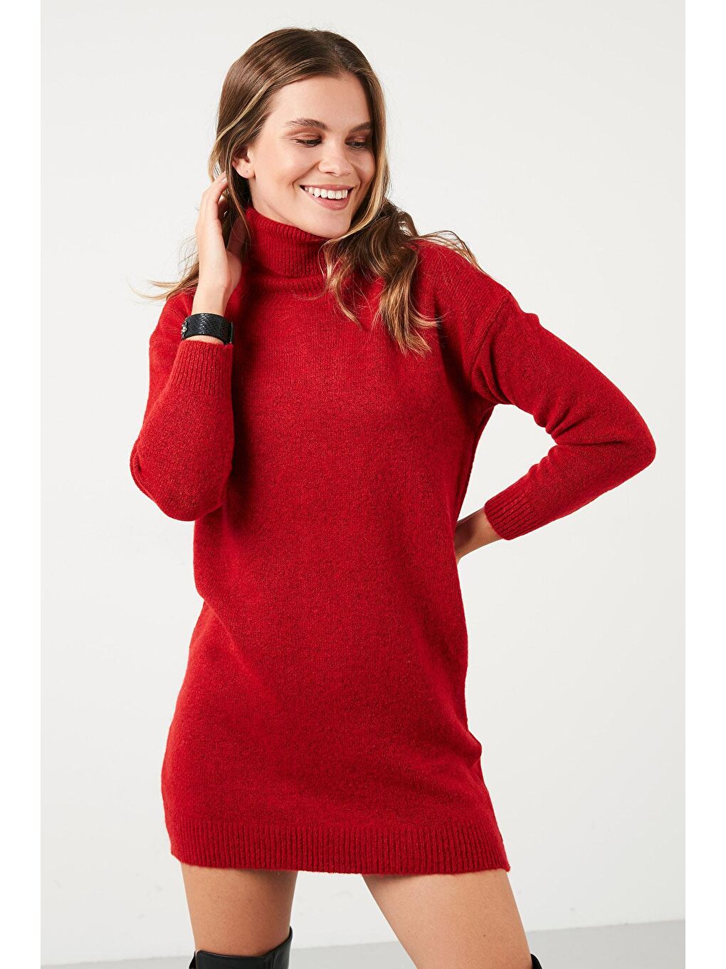 Kırmızı Modest Balıkçı Yaka Uzun Kollu Tesettür Tunik 4614585