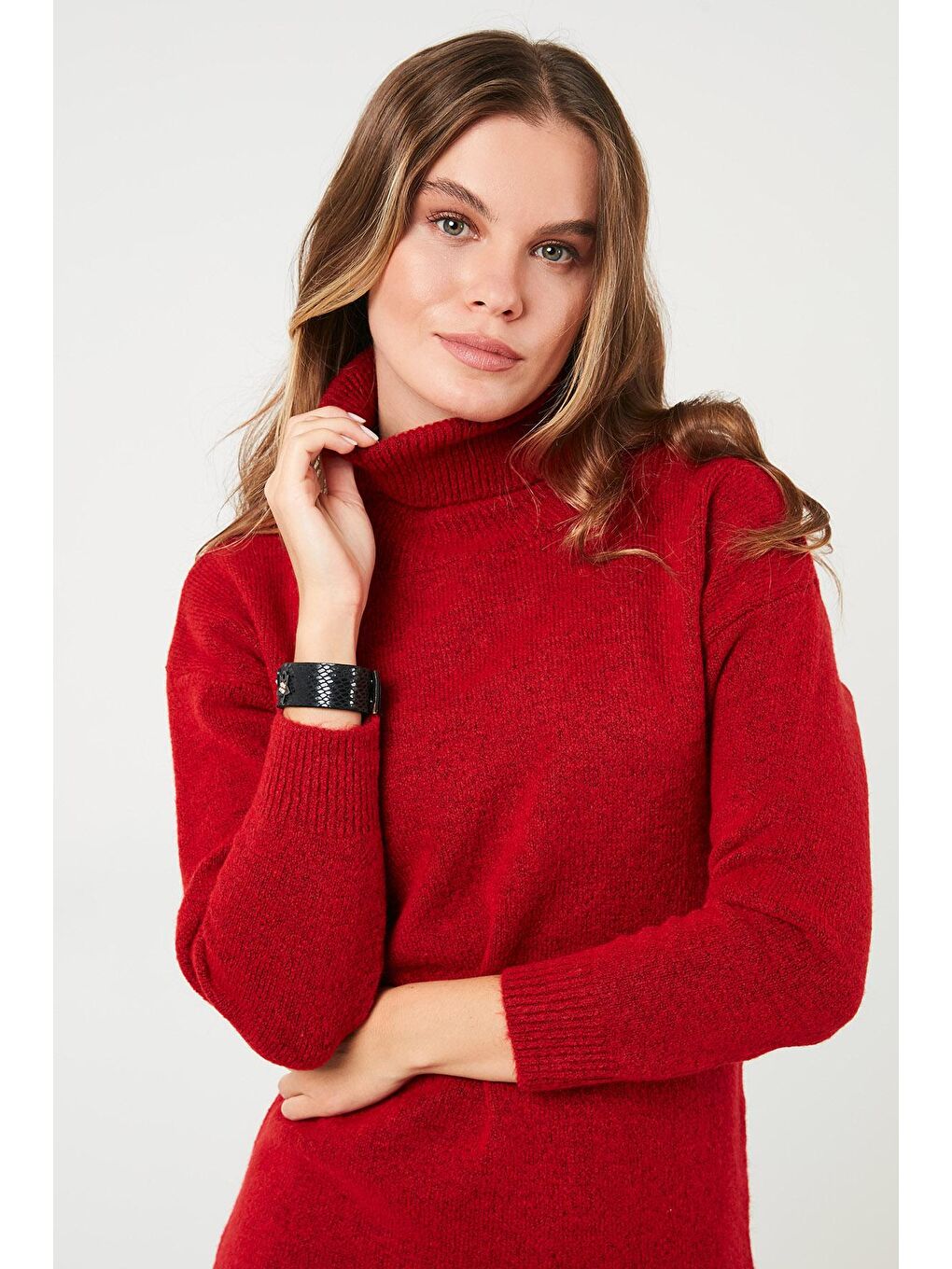 Kırmızı Modest Balıkçı Yaka Uzun Kollu Tesettür Tunik 4614585-1