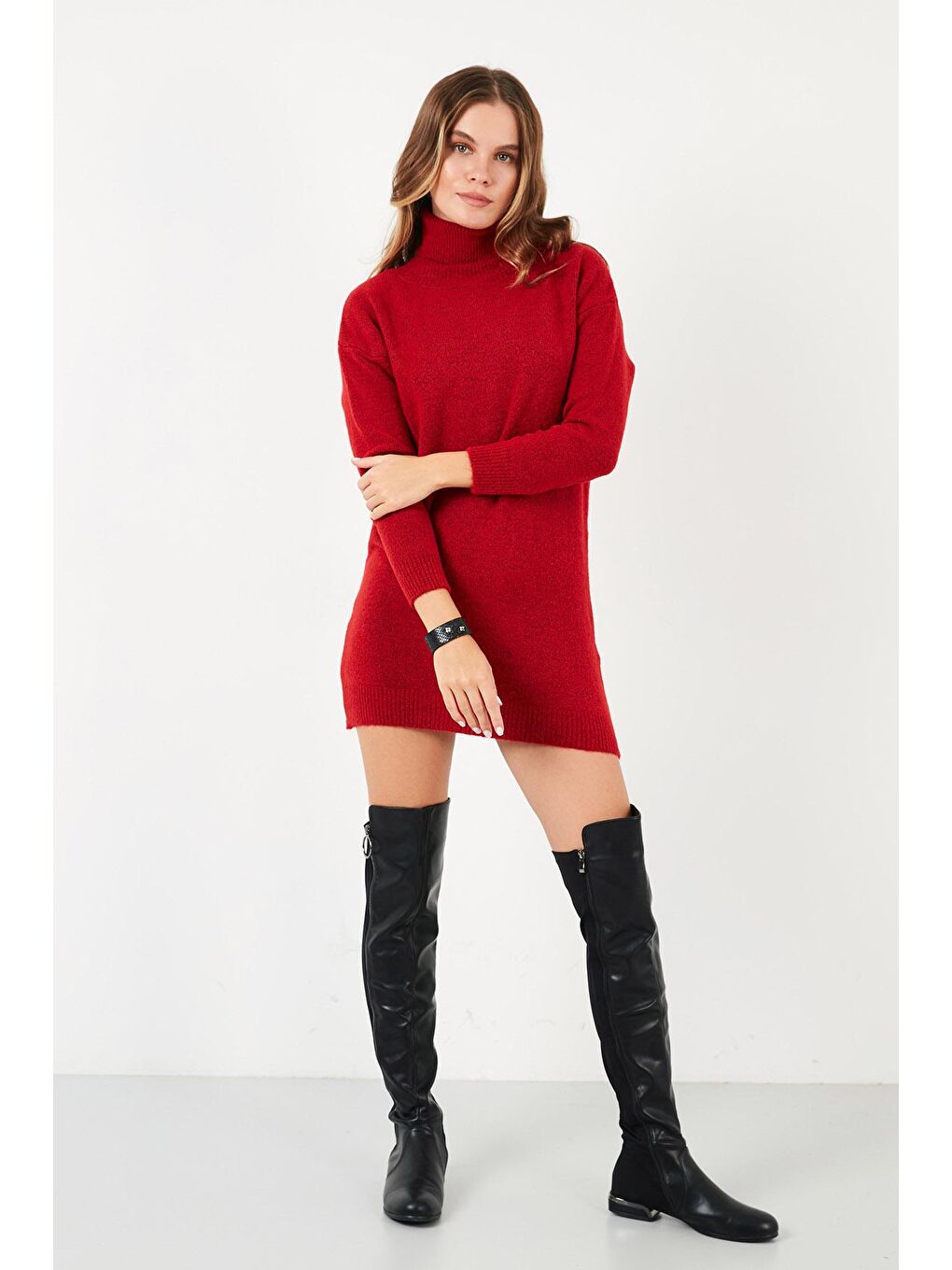 Kırmızı Modest Balıkçı Yaka Uzun Kollu Tesettür Tunik 4614585-2