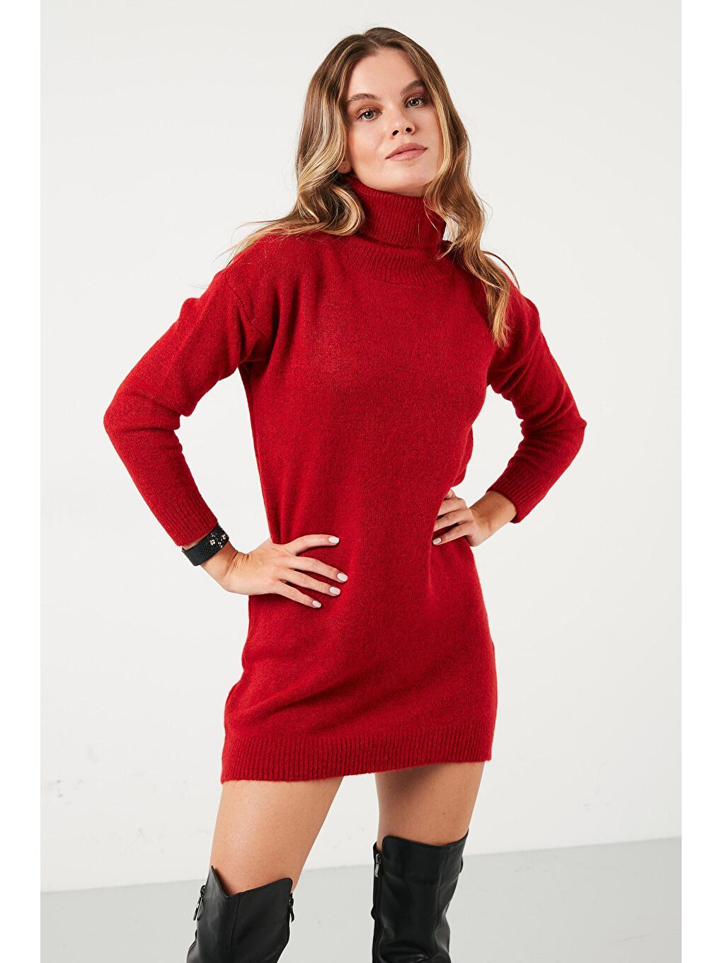 Kırmızı Modest Balıkçı Yaka Uzun Kollu Tesettür Tunik 4614585-3