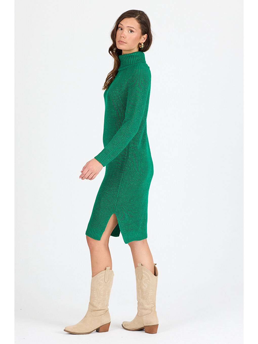 Yeşil Kadın Balıkçı Yaka Sim Garnili Triko Tunik 055