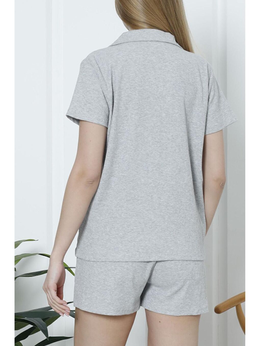 Gri Kadın Şortlu Pijama Takımı Kısa Kollu Kaşkorse Salaş Cepli GRİ-2