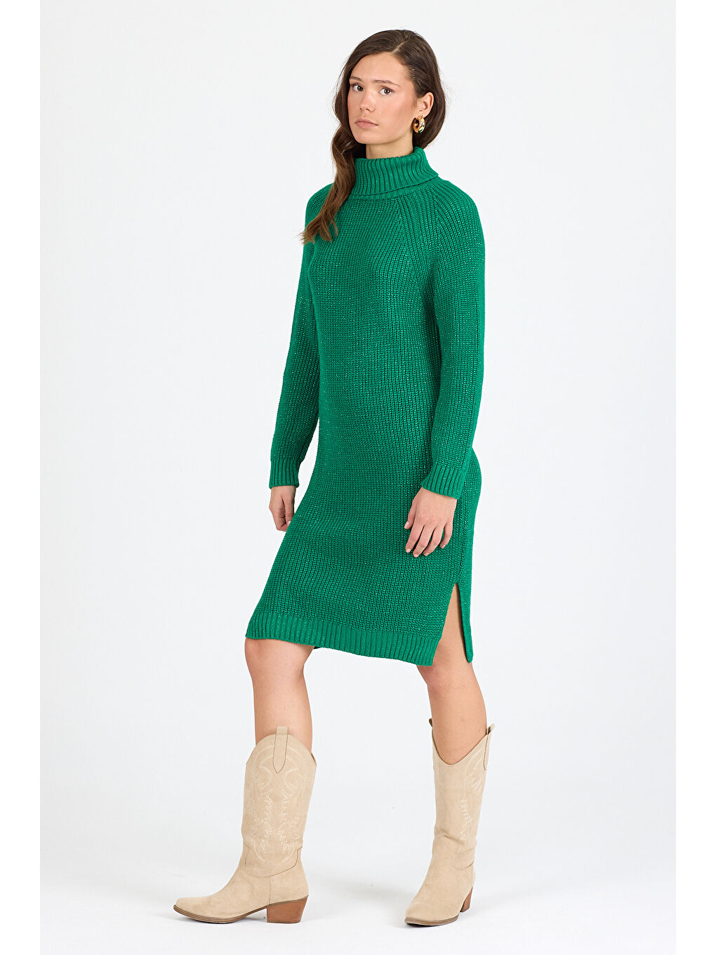 Yeşil Kadın Balıkçı Yaka Sim Garnili Triko Tunik 055-2