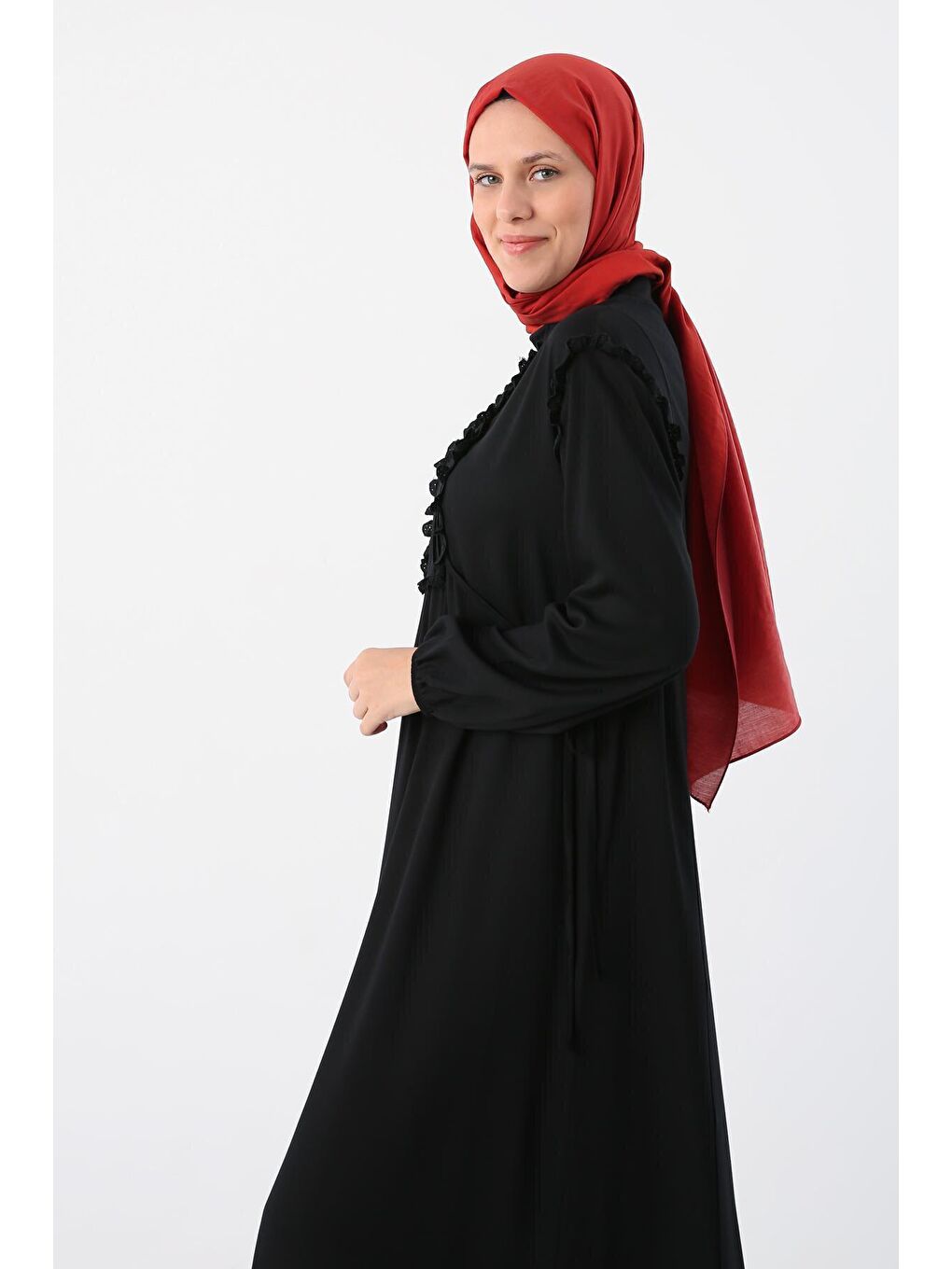 Siyah Fistolu Ve Nervürlü Rahat Kalıp Viskon Elbise-4