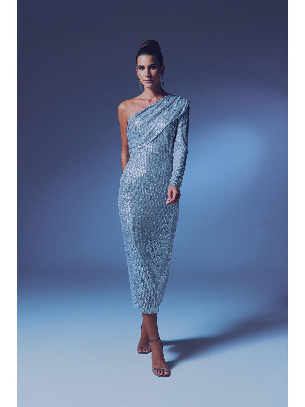 Gri Tek Kollu Payet Elbise - Gümüş-2