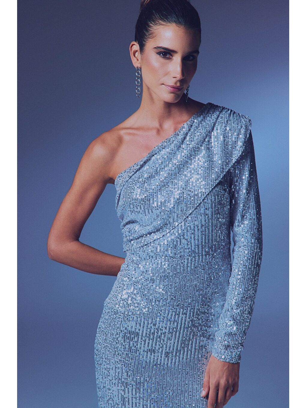 Gri Tek Kollu Payet Elbise - Gümüş-4