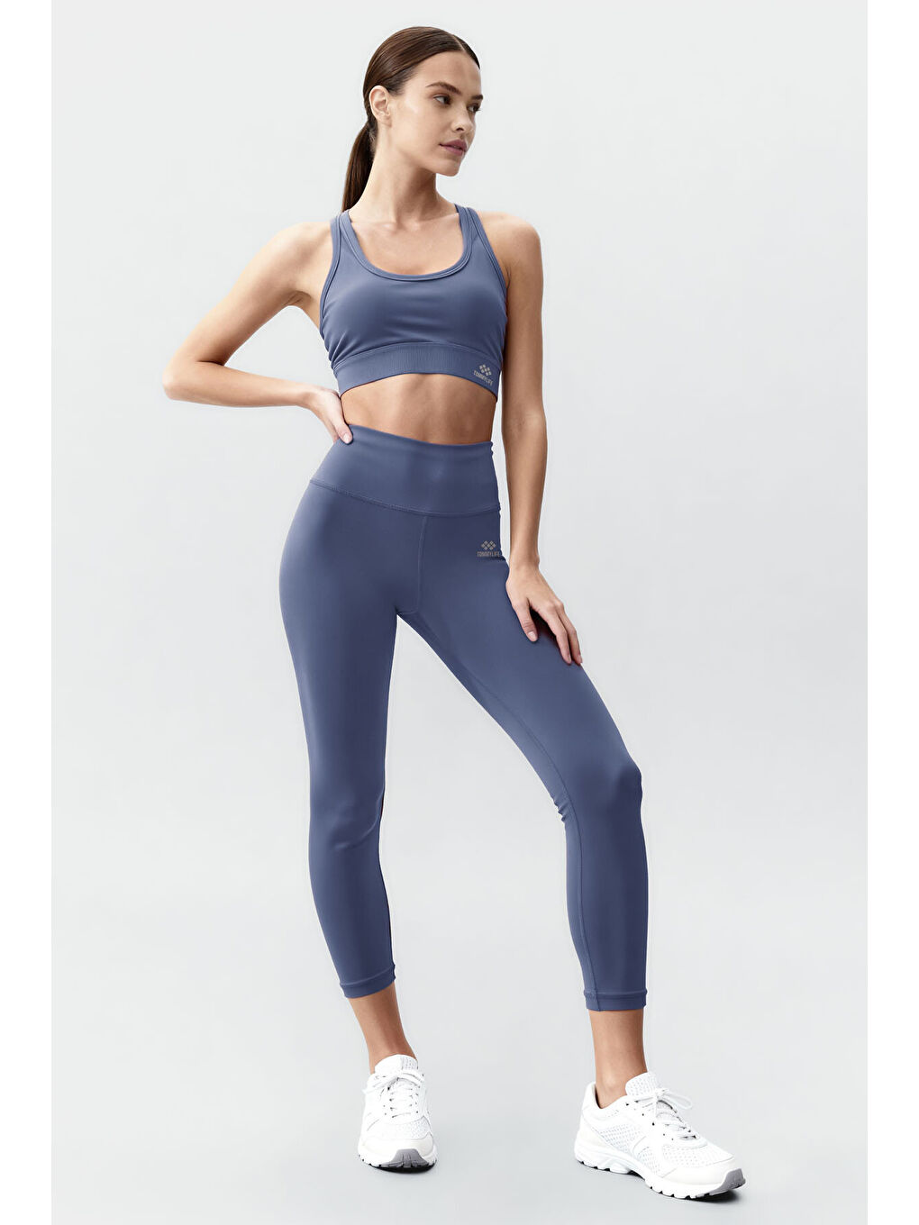 Petrol Yüksek Bel Toparlayıcı Çapraz Sırt Detaylı Slim Fit Kadın Tayt Takım - 95283-1