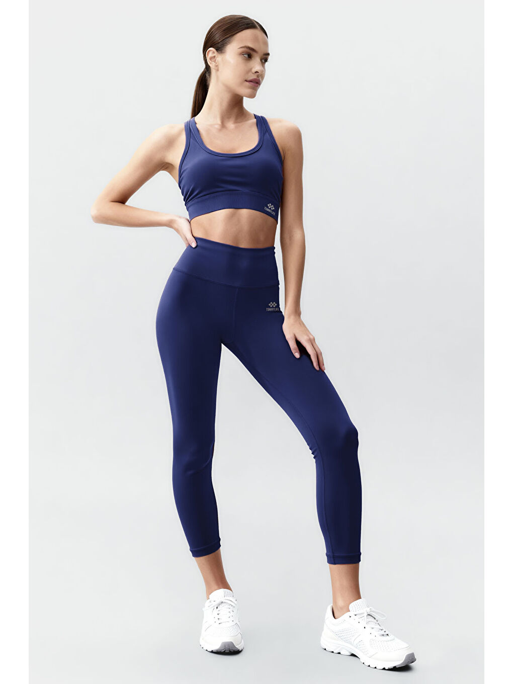 İndigo Yüksek Bel Toparlayıcı Çapraz Sırt Detaylı Slim Fit Kadın Tayt Takım - 95283