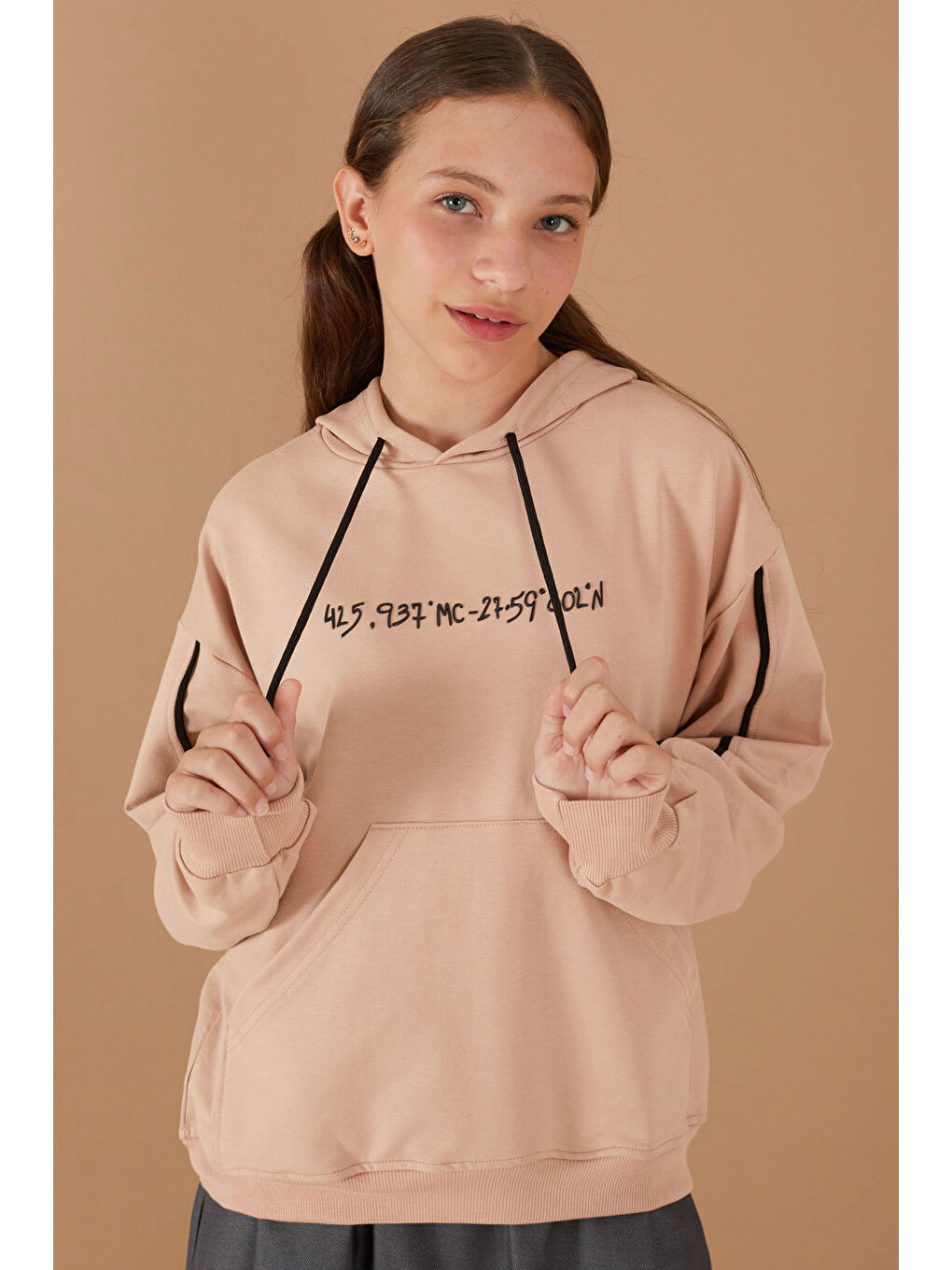 Cansın Mini Bej Baskılı Kız Çocuk Şeritli Kapüşonlu Sweatshirt 19220 - 3