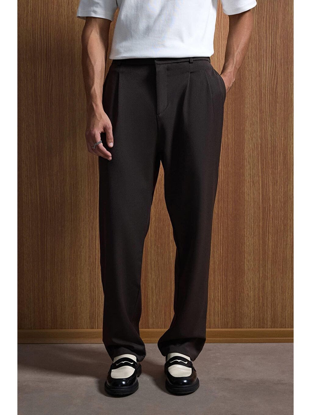 Kahverengi Baggy Fit Kumaş Erkek Pantolon Kahve