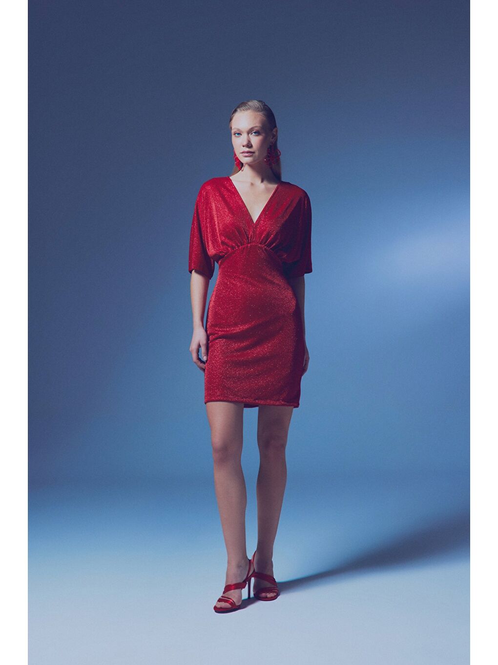 Simli Mini Elbise - Kırmızı-4