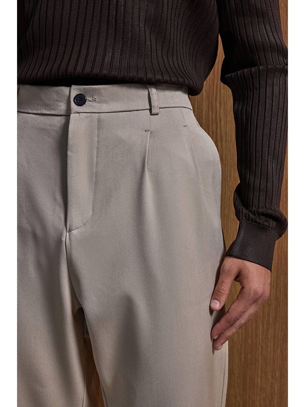 Baggy Fit Kumaş Erkek Pantolon Bej-1