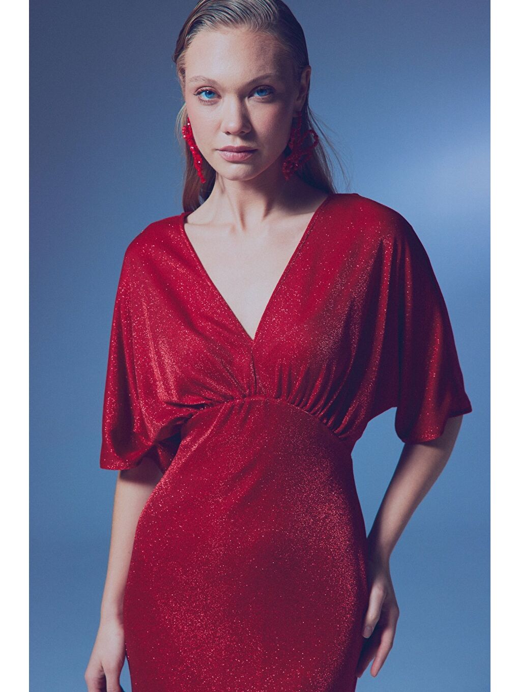 Simli Mini Elbise - Kırmızı-5