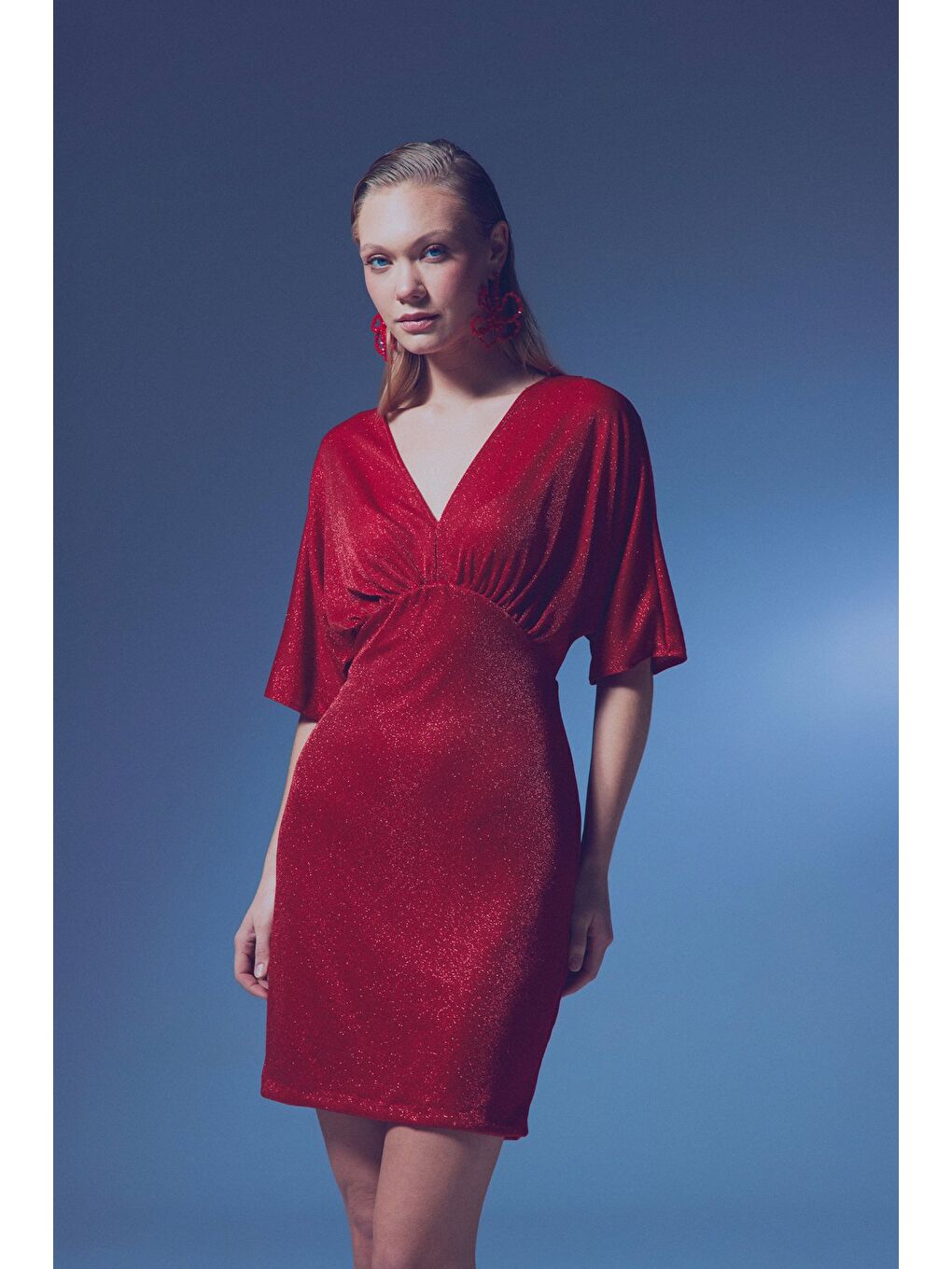 Simli Mini Elbise - Kırmızı-6