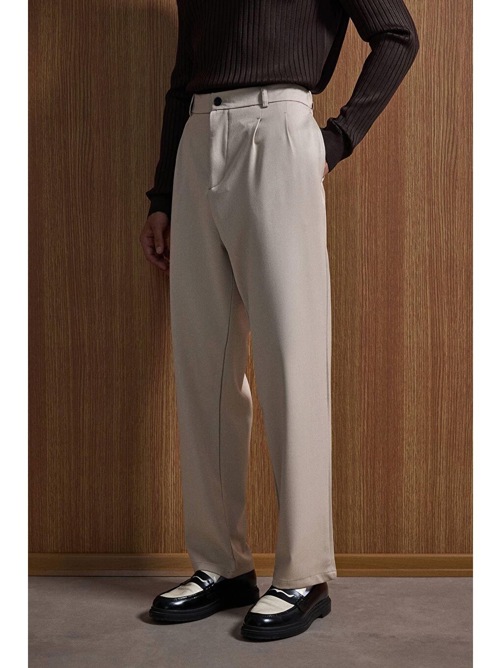 Baggy Fit Kumaş Erkek Pantolon Bej-3