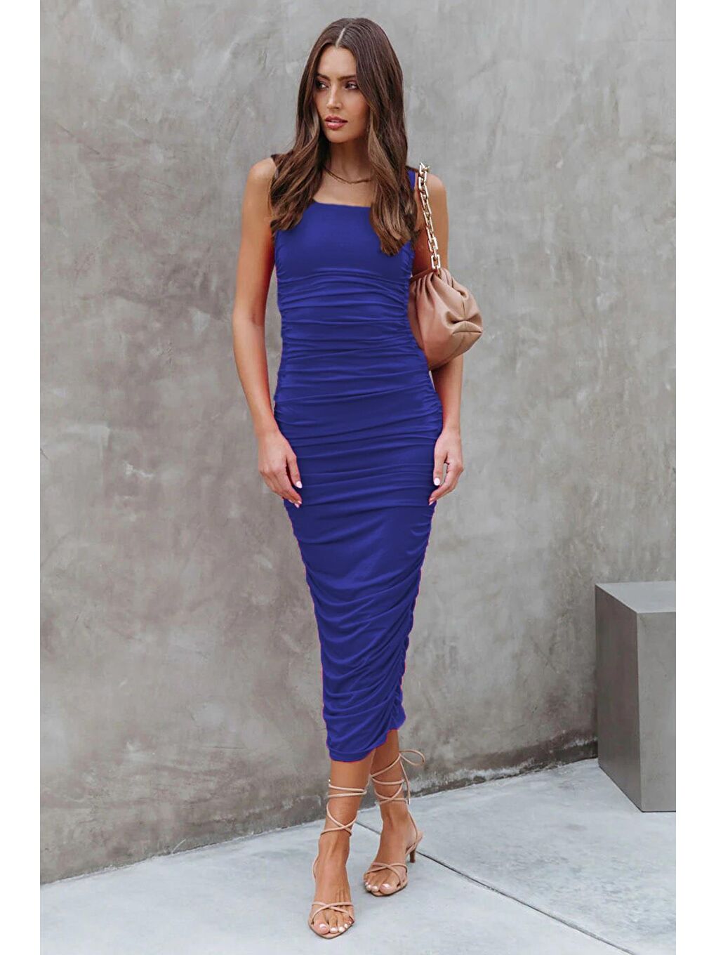 Mavi Saks Büzgülü Kalem Model Askılı Elbise Mg1732-1