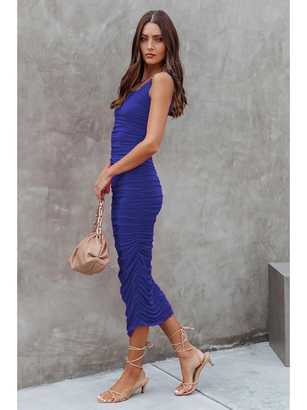 Mavi Saks Büzgülü Kalem Model Askılı Elbise Mg1732-3