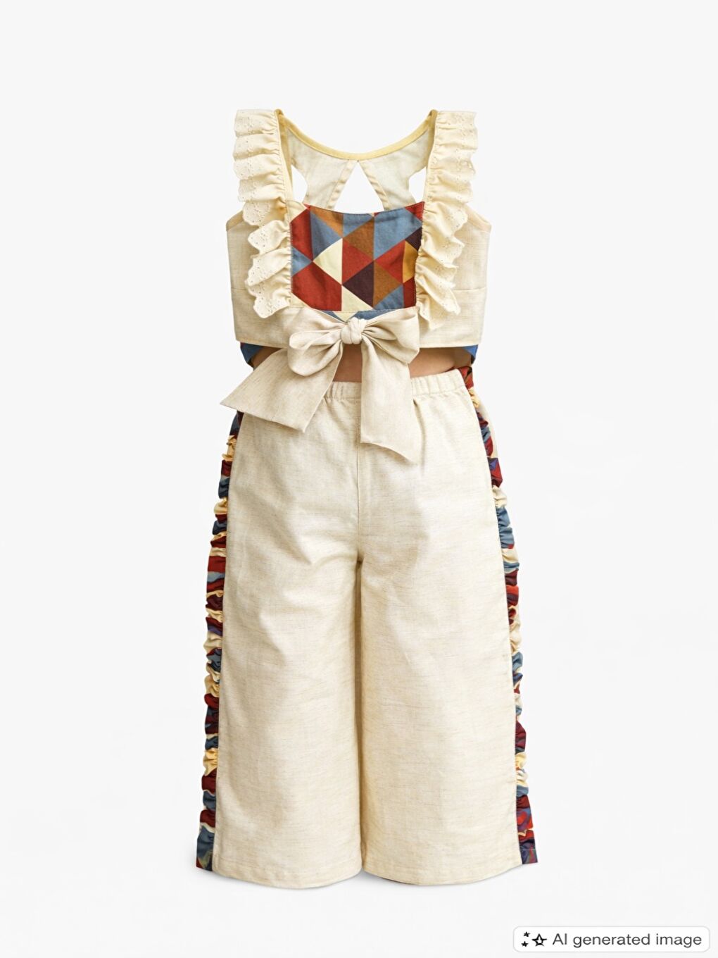 Bej Kız Çocuk Kolları Volanlı Sırt Kurdela Detaylı Askılı Salopet Tulum