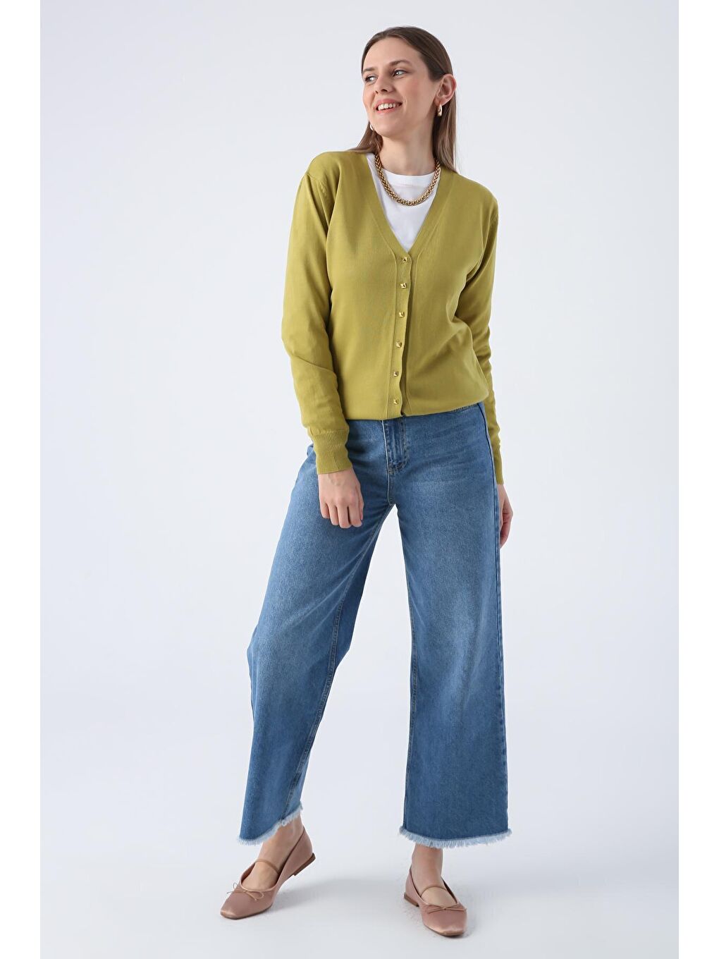 Yağ Yeşili V Yaka Kısa Triko Hırka