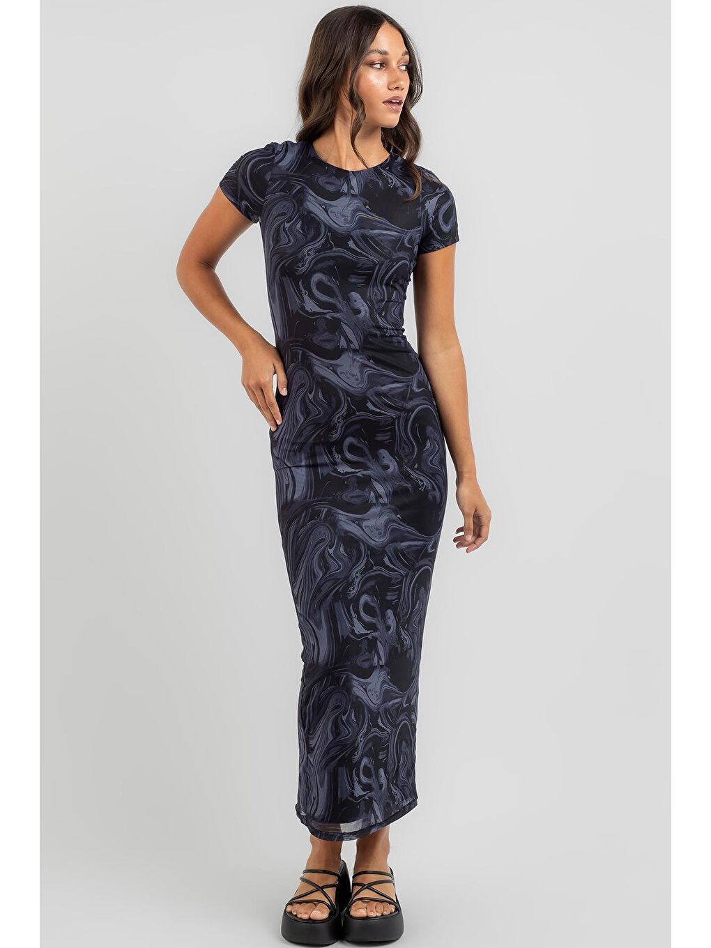 Lacivert Batik Desen Uzun Elbise Mg1849-1