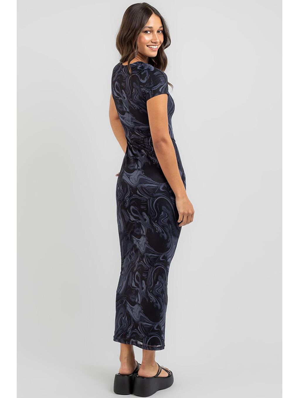 Lacivert Batik Desen Uzun Elbise Mg1849-2