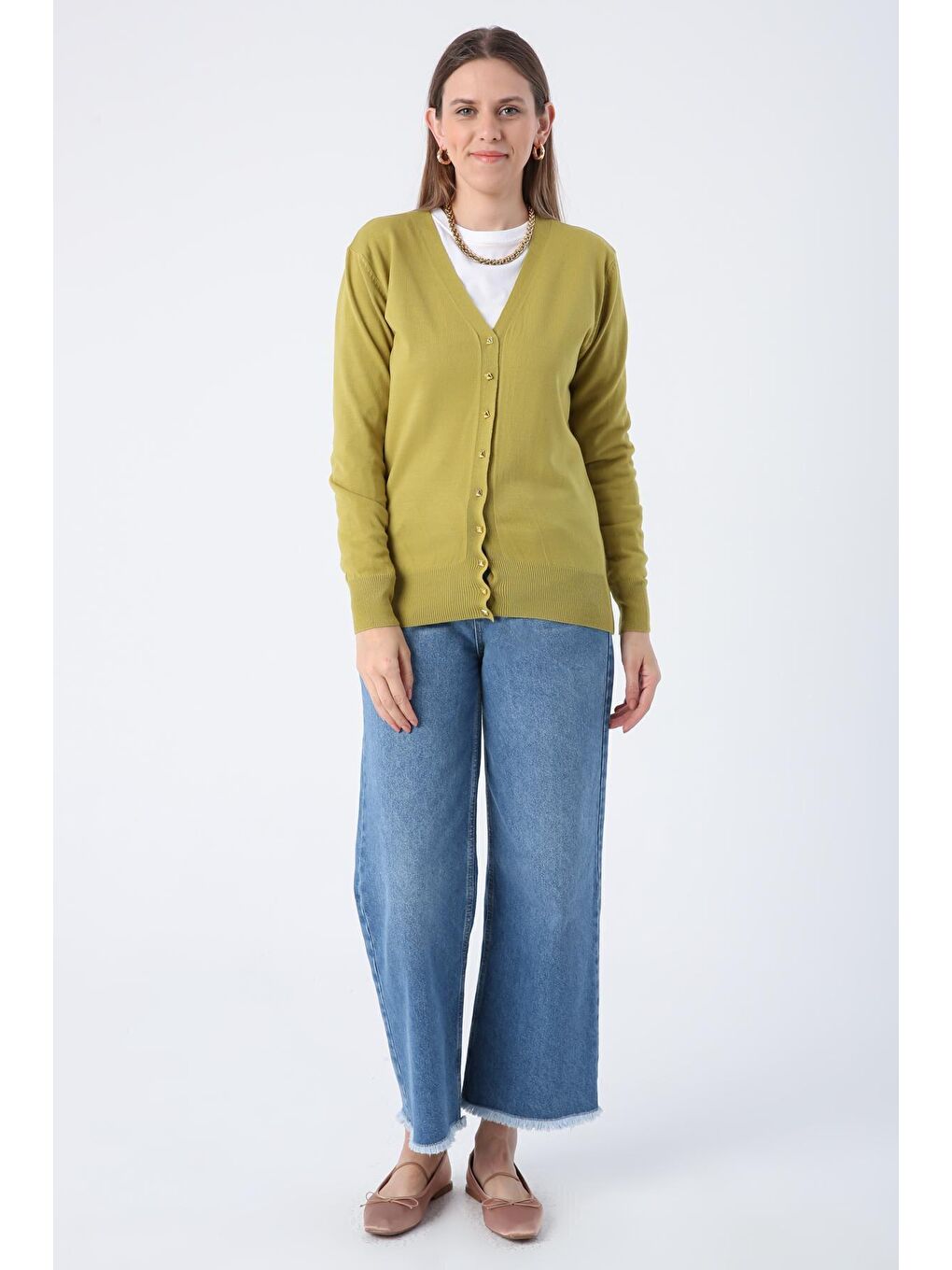 Yağ Yeşili V Yaka Kısa Triko Hırka-1