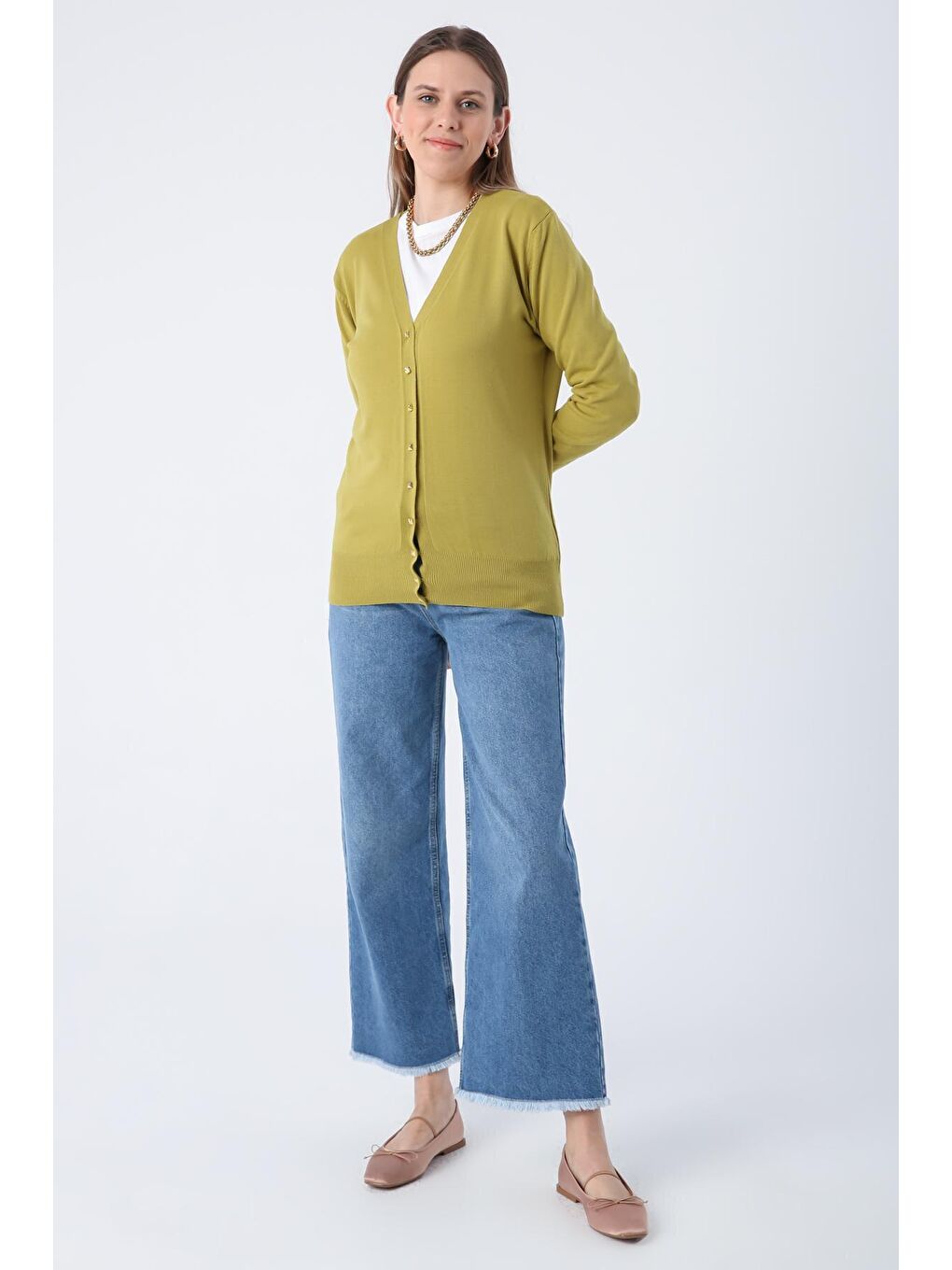 Yağ Yeşili V Yaka Kısa Triko Hırka-2